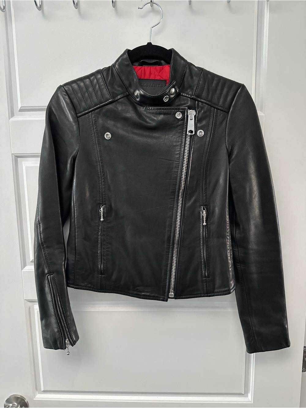 All Saints Women’s Black Leather Asymmetric Moto Jacket with Red Lining